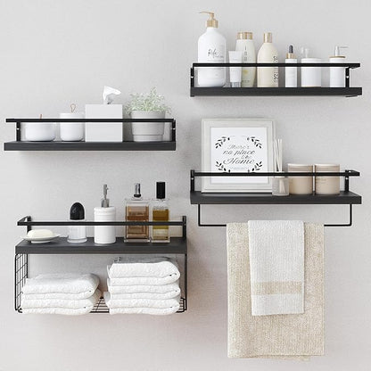 Black Wood Floating Shelves Wall Mounted - 3+1 Tier Rustic Bathroom Wall Shelves Over Toilet with Wire Storage Basket and Towel Bar, set of 4 Farmhouse Floating Shelf for Bathroom, Kitchen, Bedroom.