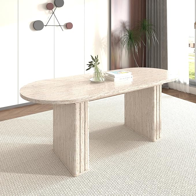 Extendable Dining Room Table for 4 6 8, 78.74" to 62.99" Beige Faux Travertine Marble Pattern Modern Farmhouse Wooden Kitchen Expanding Long Large Expandable Conference Table with Pedestal Base