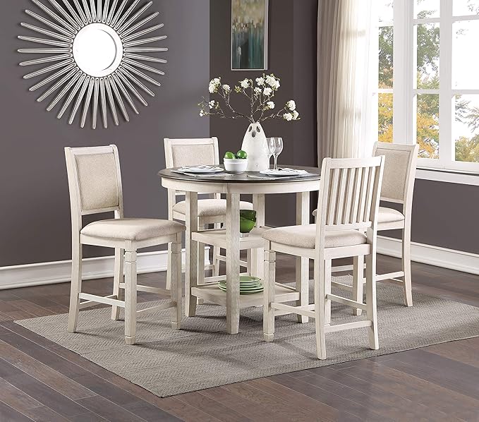 Lexicon Braun 5 Piece Counter Height Dining Table Set, Counter Height Dining Room Set for 4, Including 1 Round Kitchen Table and 4 Beige Fabric Upholstered Chairs, Antique White/Brown