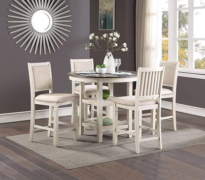 Lexicon Braun 5 Piece Counter Height Dining Table Set, Counter Height Dining Room Set for 4, Including 1 Round Kitchen Table and 4 Beige Fabric Upholstered Chairs, Antique White/Brown