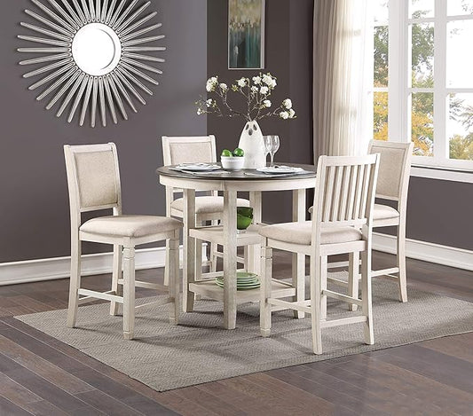 Lexicon Braun 5 Piece Counter Height Dining Table Set, Counter Height Dining Room Set for 4, Including 1 Round Kitchen Table and 4 Beige Fabric Upholstered Chairs, Antique White/Brown