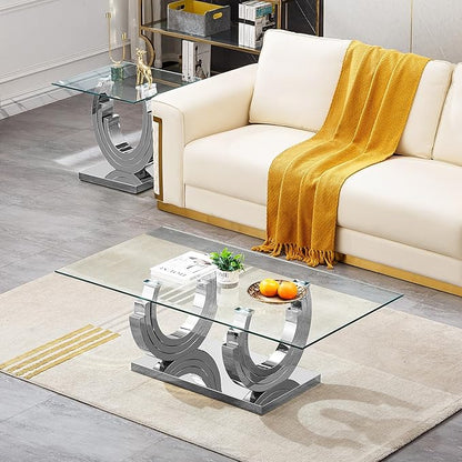 Glass Living Room Table Set of 2, Modern Glass Coffee Table with 1 End Tables Set for Apartment, Luxury Coffee Table Sets Perfect for Living Room, Stainless Steel Frame