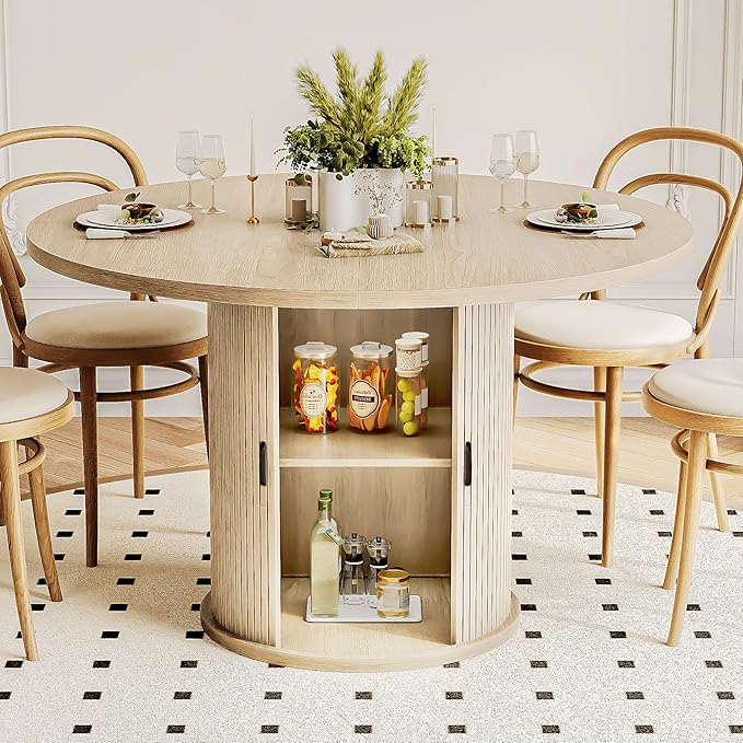 47 Inch Round Dining Table for 4-6 Round Table Kitchen Modern Round Dining Room Table with 2-Layer Storage Shelf and Wood Slide Door Circle Kitchen Tables for Dining Room Oak