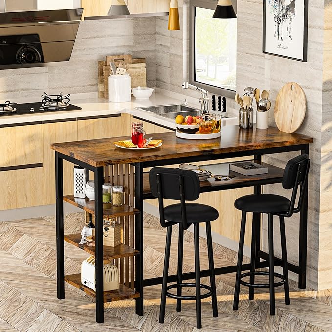 DKLGG Bar Table and Chairs Set for 2, 3-Piece Counter Height Dining Table with Stools, Hightop Kitchen Island Table with Storage Shelves for Kitchen, Bar, Pub, Bistro