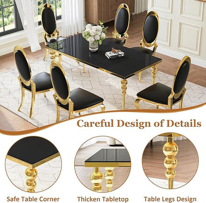 Glass Dining Table Set for 6 with 70" Rectangular Black Glass Kitchen Table, 7 Piece Dining Room Set with 6 Black Oval Back Upholstered Chairs for Living Room, Restaurant