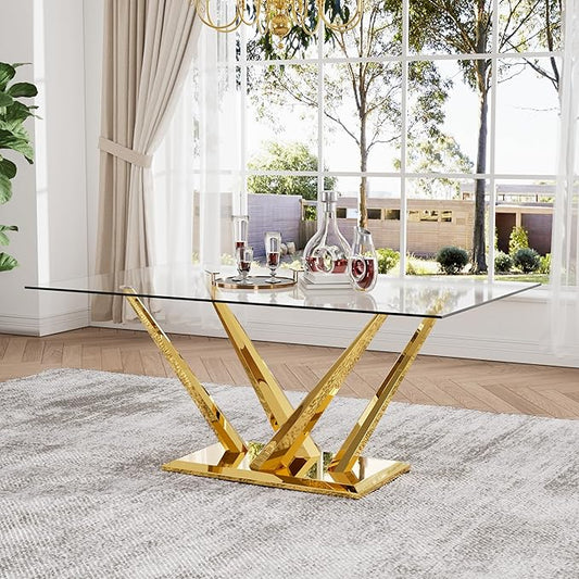 63'' Rectangular Glass Dining Table for 4-6, Luxury Kitchen Table with Tempered Glass and Aesthetic Gold Stainless Steel Base, Modern Dinner Table for Home, Apartment