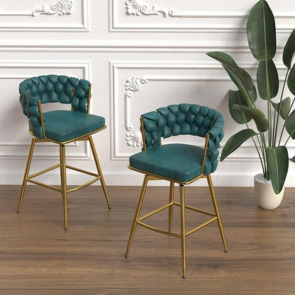 LUMISOL Bar Stool Set of 2, Golden Legs Bar Stools No Adjustable Kitchen Island Chairs Upholstered Bar Chair Counter Stool Arm Chairs with Back Footrest, Blue