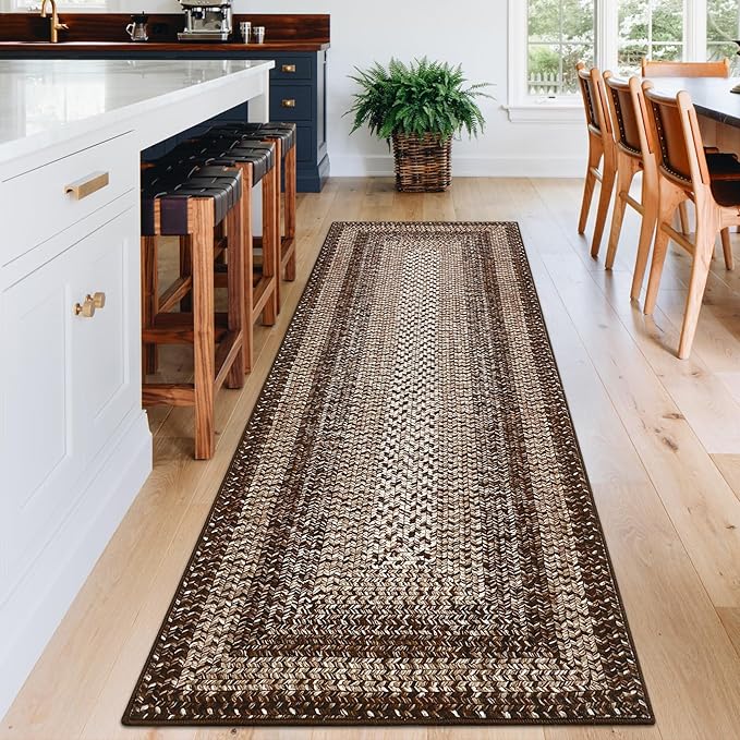 Printed Washable Rugs Runner 2x6 Rug for Living Room Bathroom Rugs Dark Brown Modern Imitation Braided Bedroom Rug Non Slip Geometric Kitchen Runner Stain Resistant Carpet 2'x6' Dark Brown