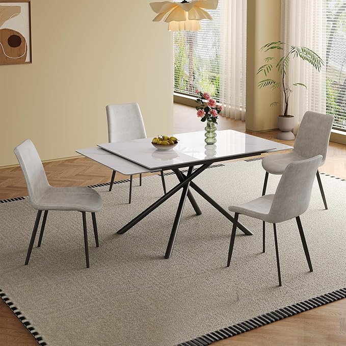 Runboll Extendable Rectangular Dining Table Set for 4, 47"-71" Modern Sintered Stone Kitchen Table with 4 Chairs and Carbon Steel Legs for Dining Room Family Gathering