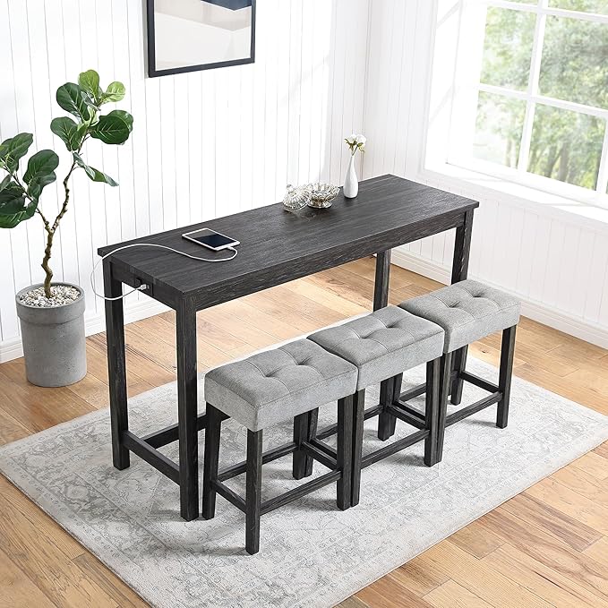 Ball & Cast 4 Piece Industrial Wooden Kitchen Island Table Chairs Sets w/Charging Station, 3pcs Upholstered Backless Counter Stools & 59" Bar-Table Built-in Electrical Outlets and 2 USB Ports,Black