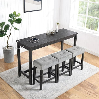 Ball & Cast 4 Piece Industrial Wooden Kitchen Island Table Chairs Sets w/Charging Station, 3pcs Upholstered Backless Counter Stools & 59" Bar-Table Built-in Electrical Outlets and 2 USB Ports,Black