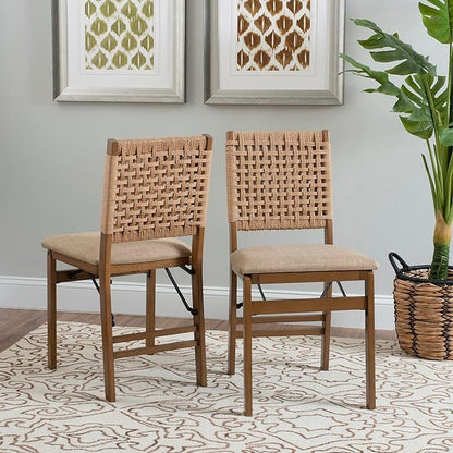 Linon Bennett Natural Folding Chair with Woven Rope Back and Linen Upholstered Seat Set of 2