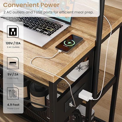 Garvee Kitchen Island with Power Outlet & 2 Bar Stools, Industrial Bakers Rack with 3-Tier Shelves & 5 Hooks, Microwave Stand Coffee Bar Table for Dining Room, Living Room, Apartment