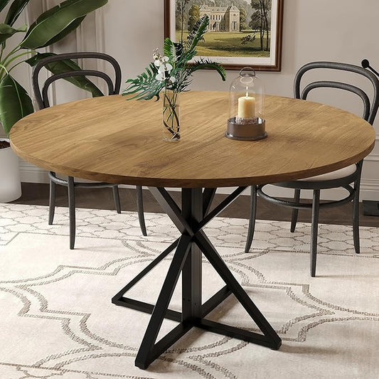 GarveeHome 47 Inch Round Dining Table for 4, Circle Kitchen Table with Pedestal Base, Farmhouse Wooden Dining Table for Small Spaces, Kitchen & Dining Room, Living Room（Brown/Only Table）