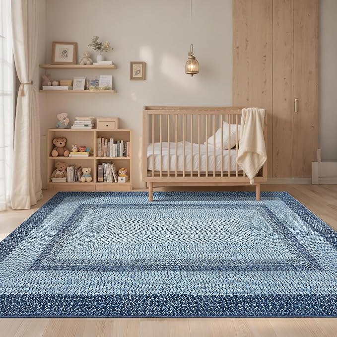 Washable Area Rugs 4x6 Rug for Living Room Indoor Mats for Entryway Soft Bedroom Rug Non Slip Modern Braided Print Area Rug Farmhouse Throw Rugs Low Pile Stain Resistant Carpet 4'x6' Blue