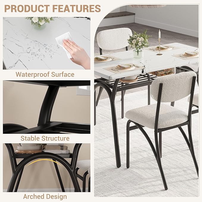 GarveeHome 5-Piece Dining Table Set for 4, Modern Kitchen Table with 4 Boucle Chairs, Rectangular Dining Table with Storage Shelf & Marble Tabletop, Beige Home Dining Furniture for Small Space