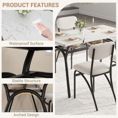 GarveeHome 5-Piece Dining Table Set for 4, Modern Kitchen Table with 4 Boucle Chairs, Rectangular Dining Table with Storage Shelf & Marble Tabletop, Beige Home Dining Furniture for Small Space