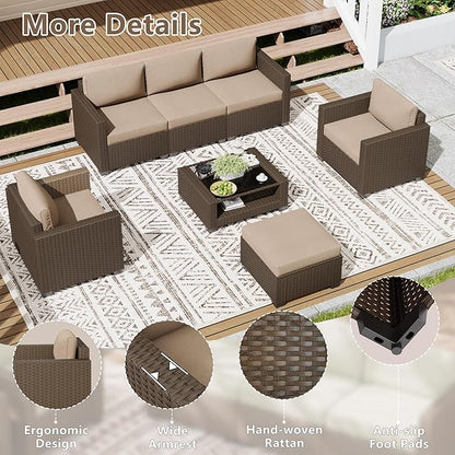 LOUVIXA 7 Piece Outdoor Patio Furniture Set, Rattan Chairs Glass Table Wicker Conversation Seating Sectional Sofa with Cushions (Brown-Camel, 7Pcs-2 Layer Coffee Table)