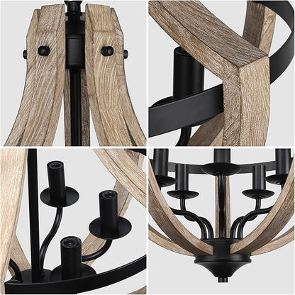 5-Light Farmhouse Wood Chandeliers for Dining Room, Adjustable Height Hanging Rustic Geometric Light Fixture for Kitchen Island Foyer Entryway Living Room