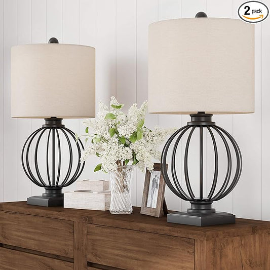 Modern Table Lamps - Set of 2 Wrought Iron Open Cage Lights with LED Bulbs - Rustic Farmhouse Style for Living Room or Bedroom by Lavish Home (Black)