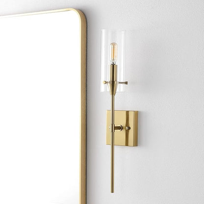 JONATHAN Y 20.5" Brass Gold/Clear 1-Light Modern Farmhouse LED Vanity Light Sconce, Clear Glass Cylinder Shade, Wall Lamp for Bathroom Mirror Hallway Entryway, LED Bulb Included (JYL7805C)