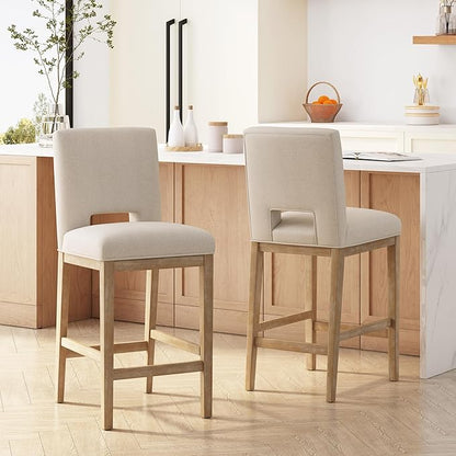 Gecheer 31 Inch Counter Stools Set of 2, Fabric Upholstered, Rubberwood Legs, L-Shaped Backrest, Modern Design for Kitchen Island or Bar for Indoor Living Rooms, Dining Rooms LYK-73531.00WHEAT