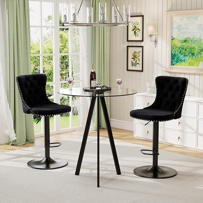 3 Pcs Modern Clear Glass High Top Bar Table Set, Adjustable Bar Stools Island Chairs, Round Pub Table with 2 Velvet Counter Stools for Home Kitchen (Black Metal Legs, Clear Top + Black Chair)