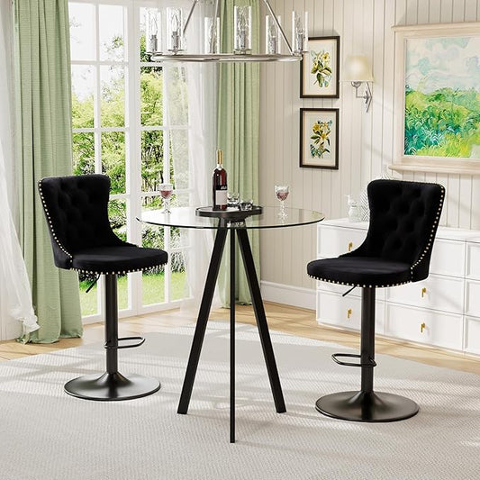 3 Pcs Modern Clear Glass High Top Bar Table Set, Adjustable Bar Stools Island Chairs, Round Pub Table with 2 Velvet Counter Stools for Home Kitchen (Black Metal Legs, Clear Top + Black Chair)