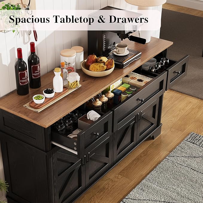 BestHaped Farmhouse Buffet Cabinet with Storage, 55 Inch Black Sideboard Buffet Cabinet with Adjustable Shelves & 3 Drawers, Buffet Table Coffee Bar Wine Bar Storage for Kitchen & Living Room