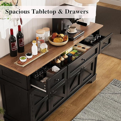 BestHaped Farmhouse Buffet Cabinet with Storage, 55 Inch Black Sideboard Buffet Cabinet with Adjustable Shelves & 3 Drawers, Buffet Table Coffee Bar Wine Bar Storage for Kitchen & Living Room