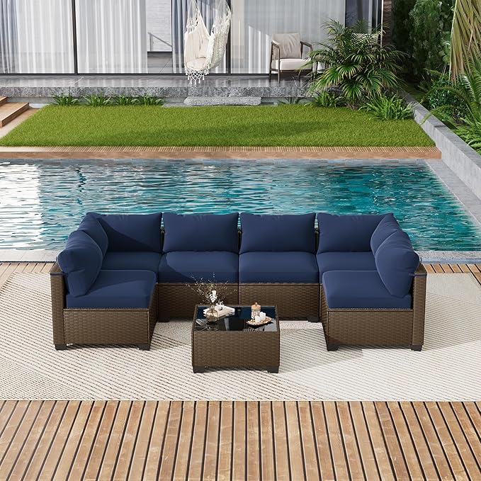 LOUVIXA 7 Piece Outdoor Patio Furniture Set, Outdoor Sectional Sofa, Wicker Rattan Patio Furniture, Patio Conversation Set with Coffee Table & Cushions