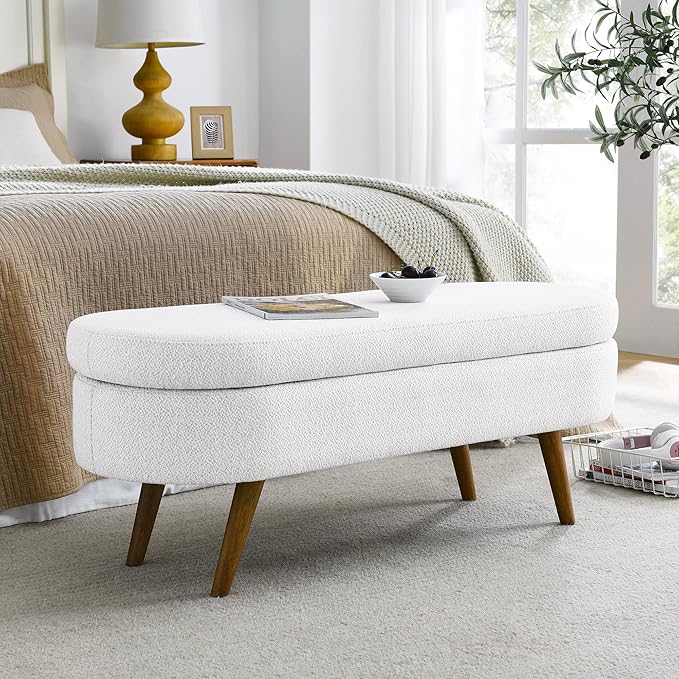 Modern Ottoman Bench with Storage - Versatile Bedside Pouf, Footstool, Toy Storage Ottoman for Bedroom, Living Room, Hallway Entryway, Multi-Use Furniture,White-Linen