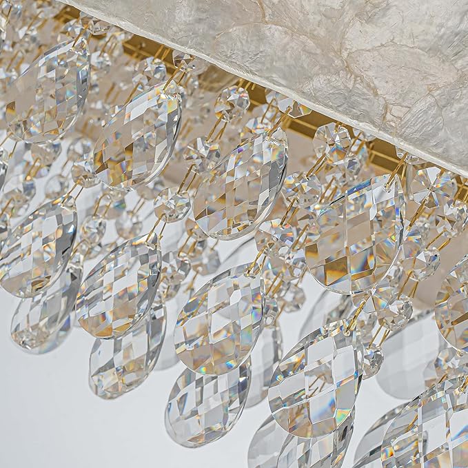 LumFurn 6-Light Oval Capiz Shell Crystal Linear Chandeliers, Coastal Design Light Fixture for Dining Room, Kitchen Island, L32xW12xH19~65 Inch(Adjustable), Shell Lampshade & Brass Finish