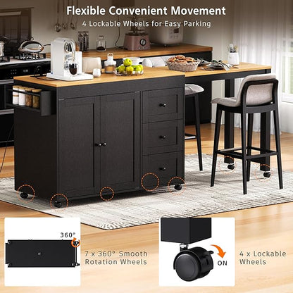 GOWE K&K 74.8" Kitchen Island with Extendable Dining Table, Kitchen Storage Cart with 3 Drawers, Power Outlet, Rolling Kitchen Island on Wheels with Spice Rack and 2 Door Cabinet, for Kitchen, Black