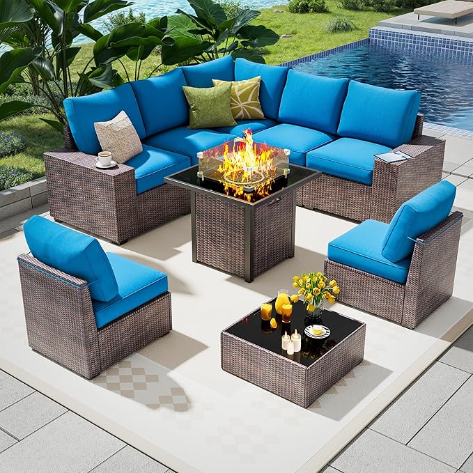 9 Piece Outdoor Patio Furniture Set with 28'' Fire Pit Table, Outdoor Sectional Furniture, Rattan & Wicker Modern Modular Conversation Set Sofa Couch W/Water Resistant Thick Cushions,Brown/Peacockblue