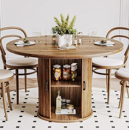 47 Inch Round Dining Table for 4-6 Round Table Kitchen Modern Round Dining Room Table with 2-Layer Storage Shelf and Wood Slide Door Circle Kitchen Tables for Dining Room Walnut