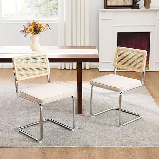 Zesthouse Natural Rattan Dining Chairs Set of 2, Mid Century Modern Dining Chairs with Solid Wood Back & Chrome Base, for Kitchen Living Room, Breuer Design Inspired, Upholstered Linen Fabric, Beige
