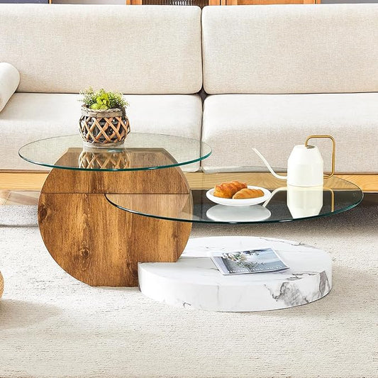 Glass Coffee Table, Modern Round Glass Coffee Table with Wooden Base, 3 Tier Round Coffee Table, Clear Cocktail Table with Storage for Living Room, Office, Balcony (42″ Wood and White)