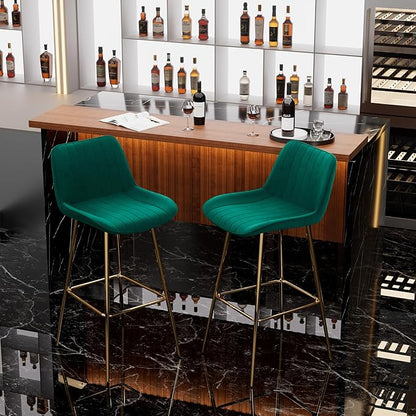 Modern Bar Table and Bar Stools Set, Marble-Look Counter Table with Wood Accent Top & Green Velvet Bar Chairs Set of 2 with Gold Legs, Kitchen Island Pub Table Set for Home Bar, Dining Room