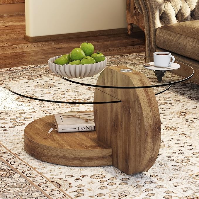 Glass Coffee Table, Modern Round Glass Coffee Table with Wooden Base, 3 Tier Round Coffee Table, Clear Cocktail Table with Storage for Living Room, Office, Balcony (42″ Wood)