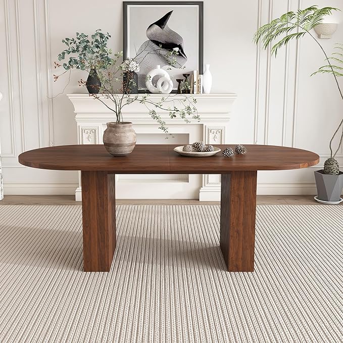 63" Water-Resistant Island Table, Rustic Dining Table with Wood Strip Base, Mid Century Dining Table with Spacious Oval Design for Home, Walnut