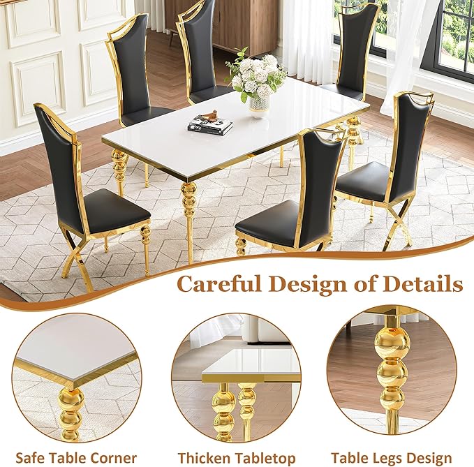 Glass Dining Table Set for 6, Luxurious 70 Inch Rectangular Kitchen Table with White Tempered Glass Top, 6 Black PU Leather Cushion Chairs for Dining Room, Restaurant, Living Room