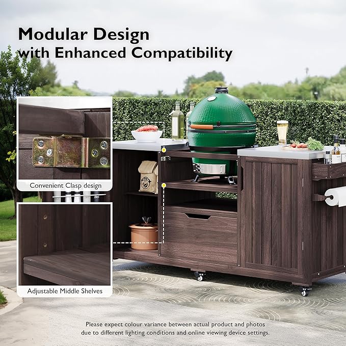 YOPTO Versatile 66.5" Outdoor Grill Cart for Big Green Egg,100% Fir Wood,Stainless Steel Top,Ample Storage,Weatherproof,6 Lockable Wheels,Dark Brown