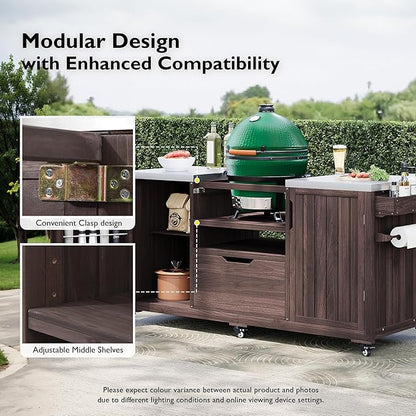 YOPTO Versatile 66.5" Outdoor Grill Cart for Big Green Egg,100% Fir Wood,Stainless Steel Top,Ample Storage,Weatherproof,6 Lockable Wheels,Dark Brown