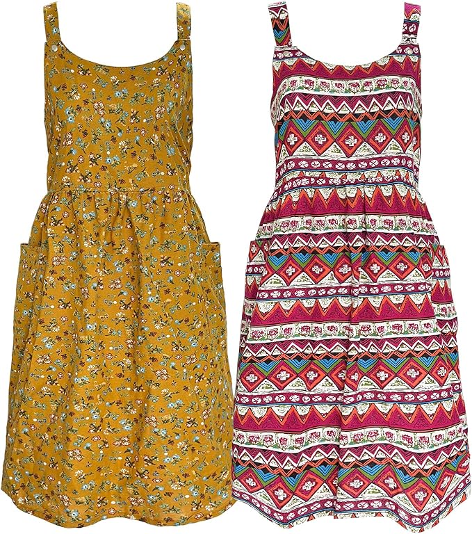 Cityelf Vintage Pinafore Apron Dress Snap Adjust Linen Cotton with Pockets Floral Aprons for Cooking Gardening