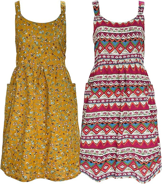 Cityelf Vintage Pinafore Apron Dress Snap Adjust Linen Cotton with Pockets Floral Aprons for Cooking Gardening