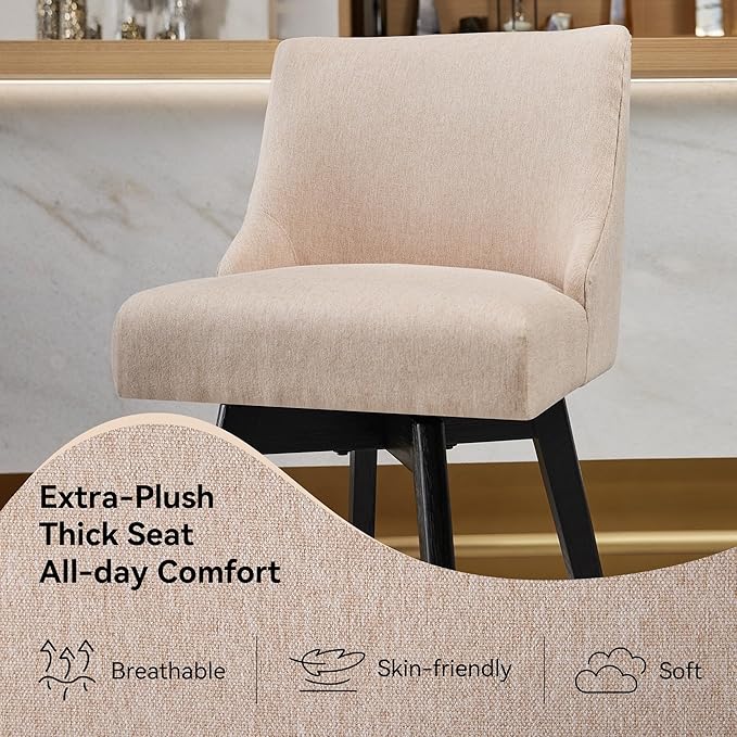 Counter Height Bar Stools Set of 4,Swivel Barstools with Backs and Wood Legs,Linen Fabric Upholstered Counter Stools for Kitchend Island,Mid-Century Modern 26"Seat Height Bar Chairs,Flax Beige