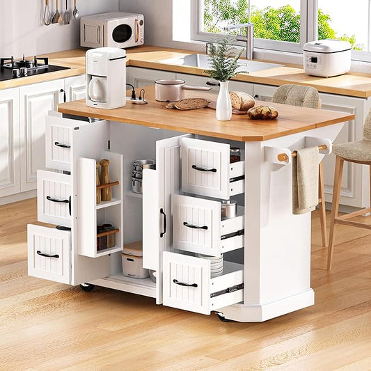 Ball & Cast 56" Large Modern Kitchen Island with Rubber Wood Veneer Drop Leaf, Power Outlet, 6 Drawers, 4 Door Shelves, White