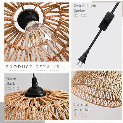 Brown Rattan Light Fixture 15ft Plug In Pendant Light Woven Pendant Light Boho Chandelier Wicker Pendant Light Boho Pendant Light Plug In for Dining Room Kitchen Island Bedroom(Bulb Incl.)