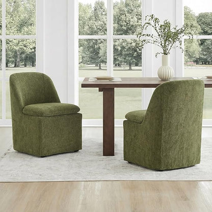 KISLOT Upholstered Dining Chairs Set of 2 with Casters, Modern Side Armless Deskchair with Washable Slipcover & Sturdy Metal Frame for Diningroom Bedroom Livingroom Reading Room, Green Fabric